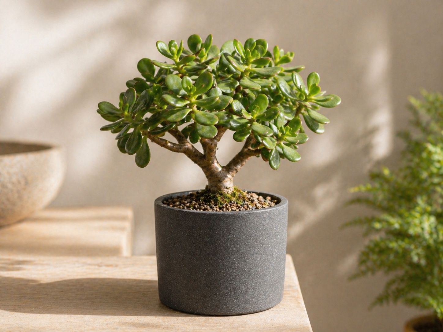 Jadebaum Bonsai im Keramiktopf für Zuhause